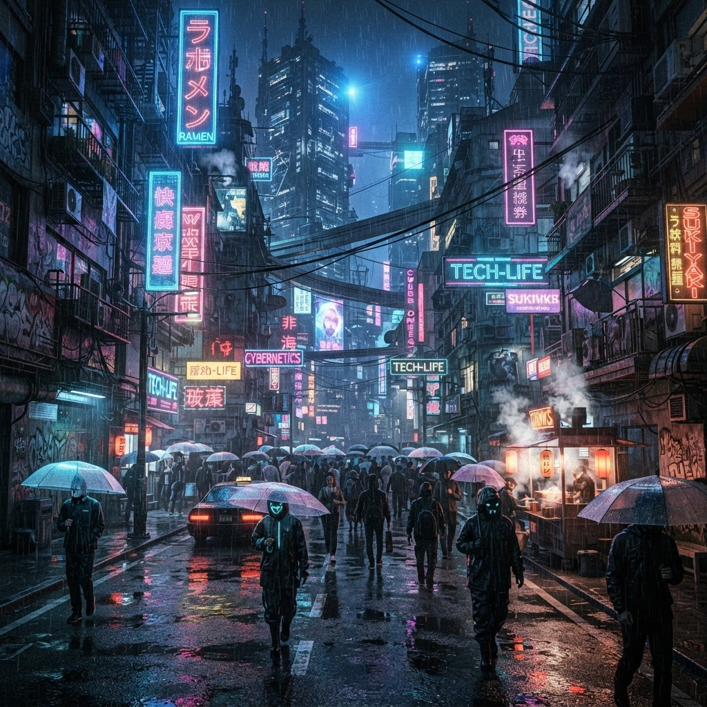 Rainy neon cyberpunk street with umbrellas and glowing city signs