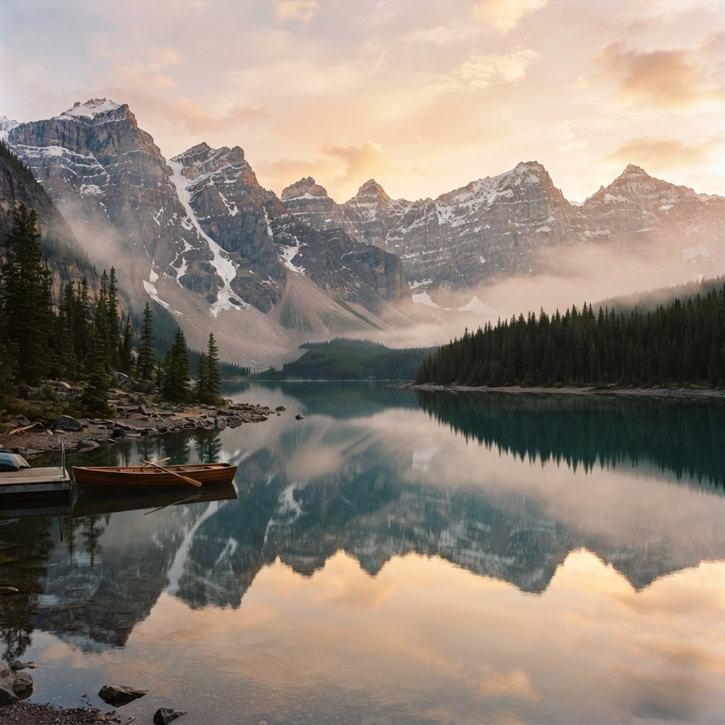 Mountain lake at sunset with a rowboat and snow-capped peaks