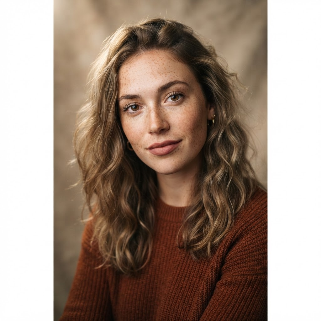 Studio portrait of a freckled young woman in a rust knit sweater