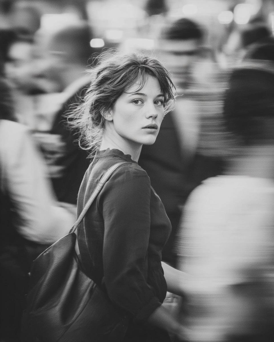 Black and white street motion portrait generated from a MeiGen prompt