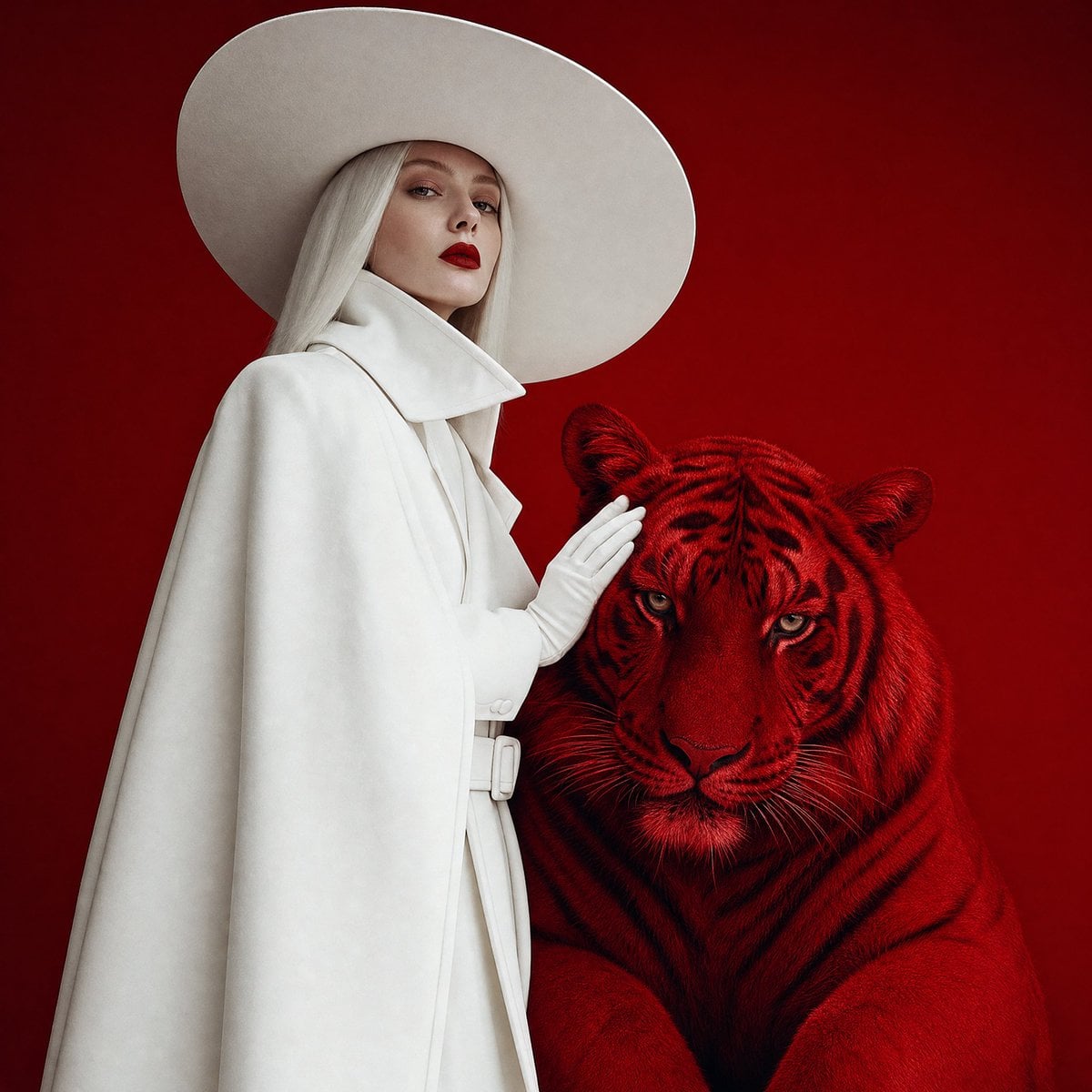 Surreal red and white fashion editorial generated from a MeiGen prompt